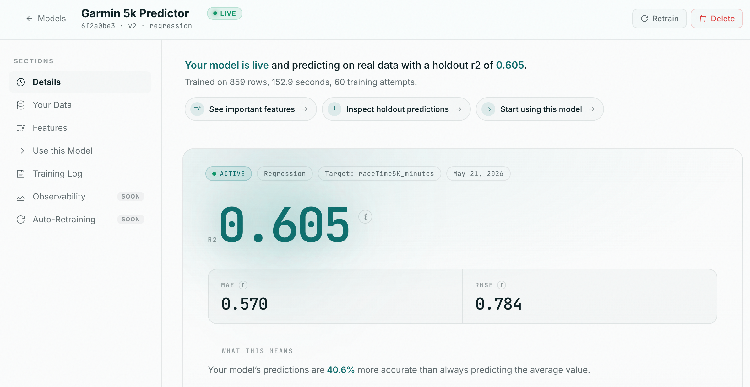 JITM.ai dashboard showing the trained Garmin 5K Predictor model with R² 0.605